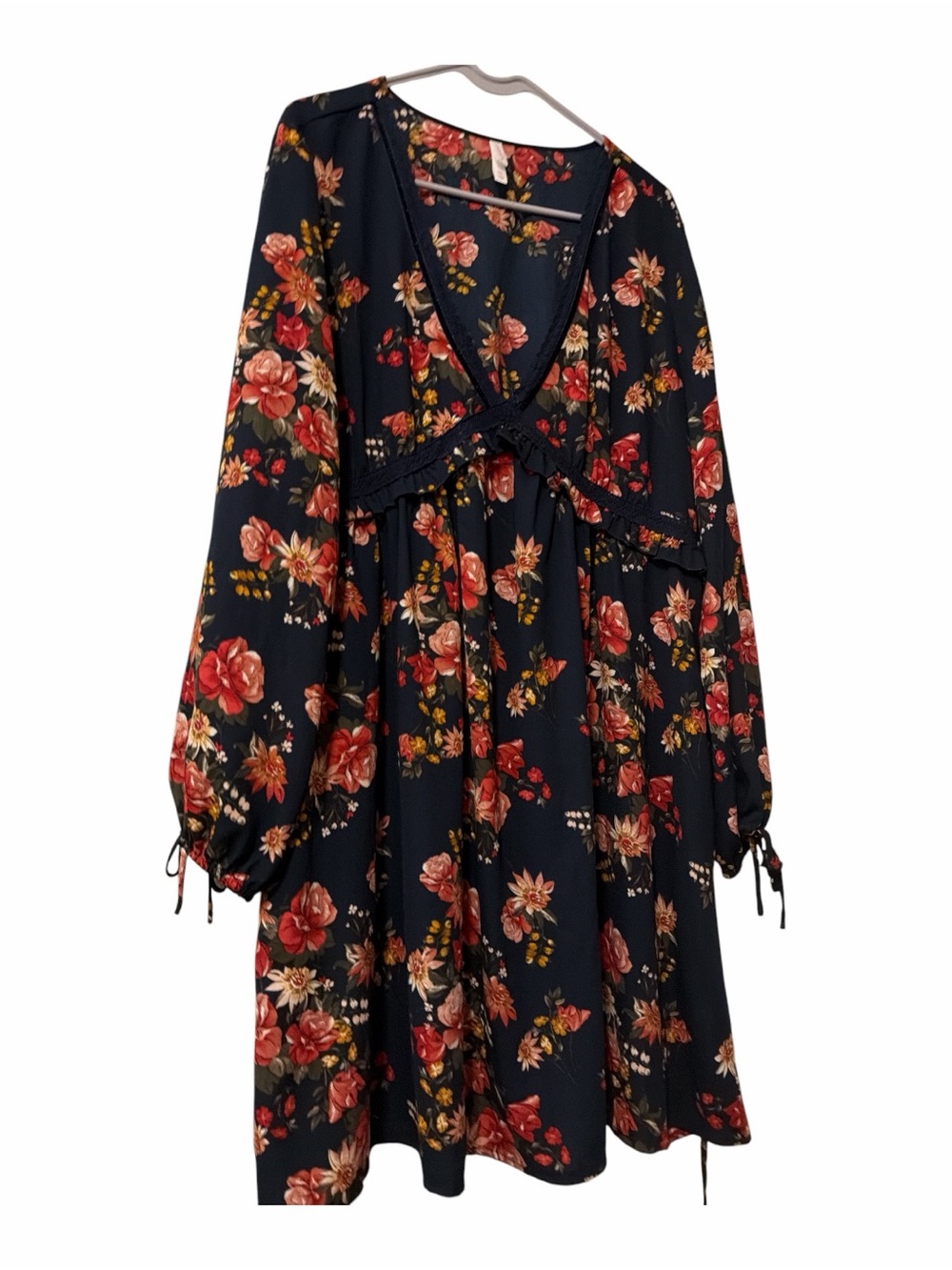 Xhilaration Floral Empire Waist V-Neck Mini Dress Ribbon Sleeves XXL